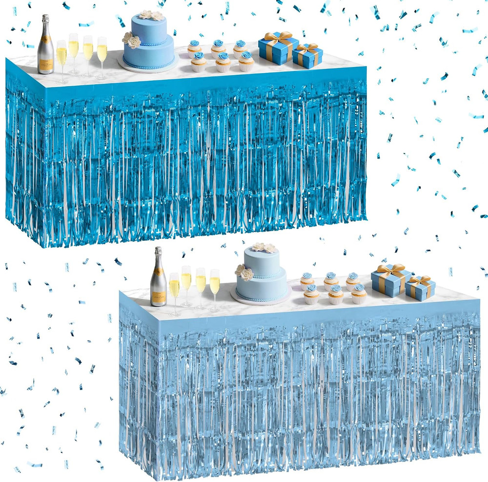 2 Pack Light Blue Lake Blue Table Skirts, 29X108″ Metallic Foil Tinsel Fringe