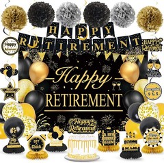 Retirement Party Decorations Set Black Gold Banner Backdrop Balloons Cake Topper