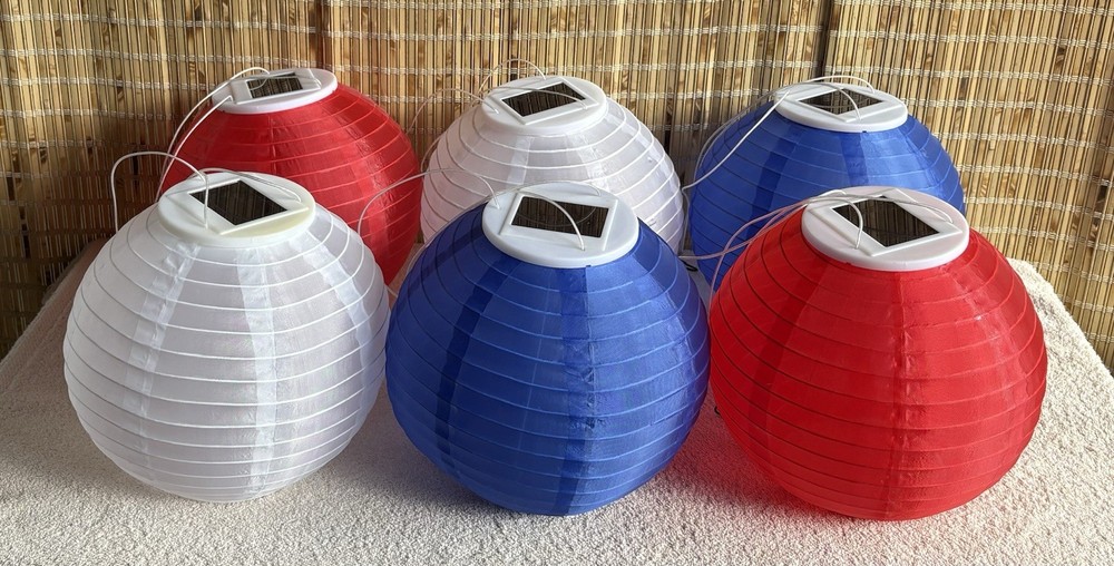 Red, White & Blue LED Vinyl Lanterns, Chinese / Japanese Hanging Paper Good Cond