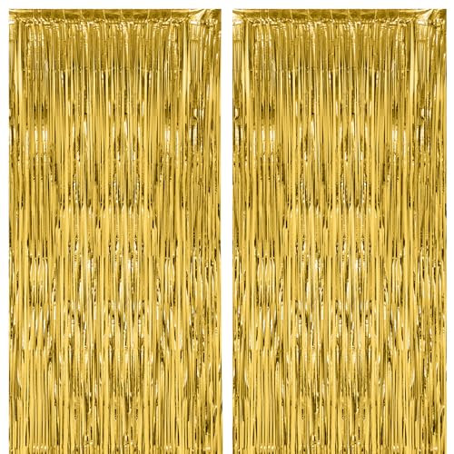 2 Pack Foil Fringe Backdrop Curtains, Tinsel 39.6″W x 98.4″L (Pack of 2) Gold