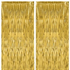 2 Pack Foil Fringe Backdrop Curtains, Tinsel 39.6″W x 98.4″L (Pack of 2) Gold
