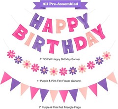 Felt Birthday Decorations, NO DIY, Pre-Strung 3D Felt Happy Birthday Banner w…
