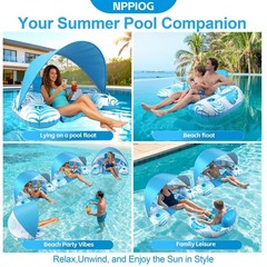 XL Pool Float for Adults with Canopy Cup Holders Headrest Inflatable Lounger