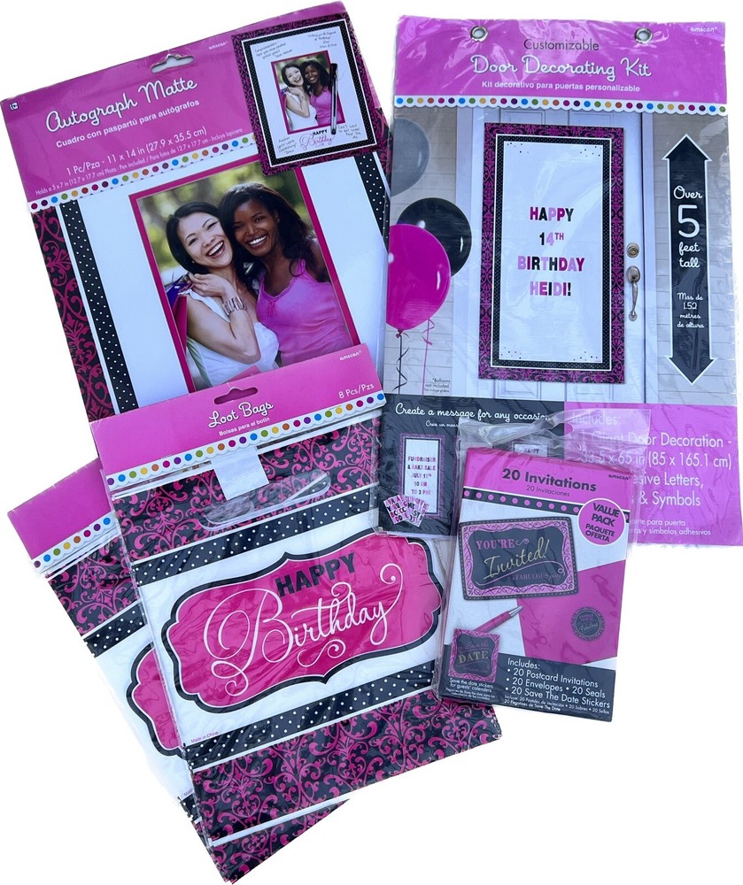 Black Pink Damask Girl’s Birthday Party Door Decoration Loot Bag Autograph Lot