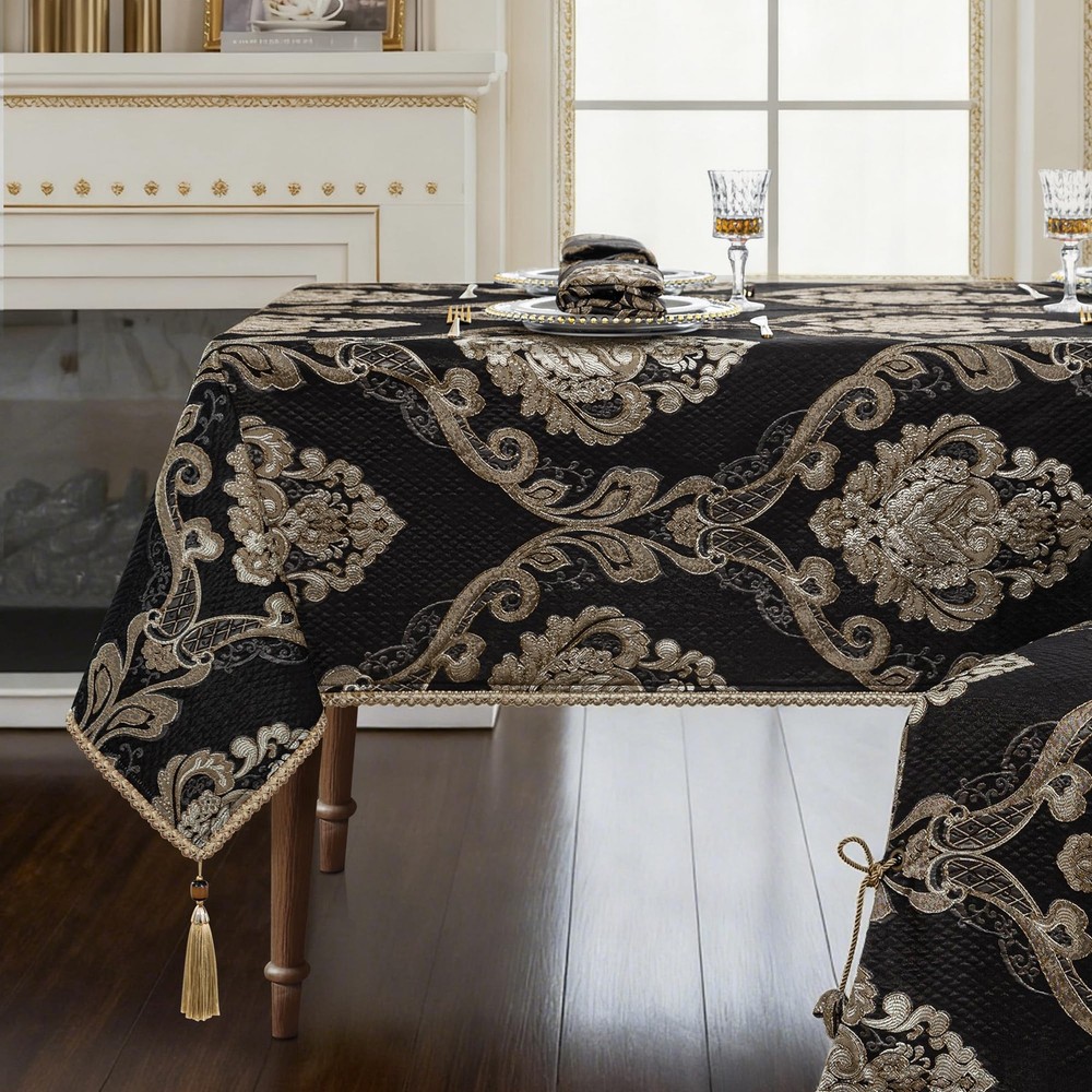 Loom and Mill Black Tablecloth 60 x 104 Inches, Classic Jacquard Rectangle Table