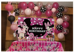 2 Pack Girl’s Birthday Party Backdrop & Table Cover – Cartoon Mouse Theme Minni