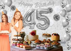 Silver & White 45th Birthday Decorations – 40″ Number Balloons &More-Boy or Girl