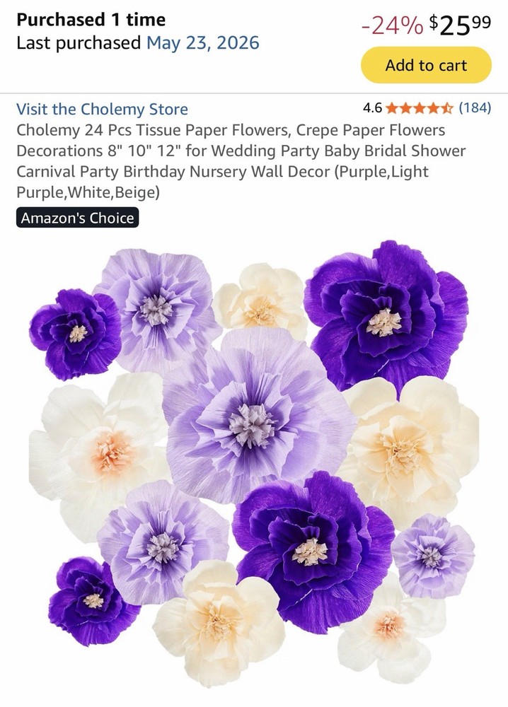 NEW Cholemy 24 Pc Tissue Paper Flower Decorations Purple Lavender Wedding Party