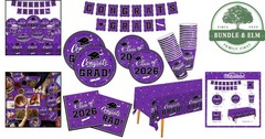 Purple Graduation Dinnerware Set for 25 Guests with Banner and Tablecloth