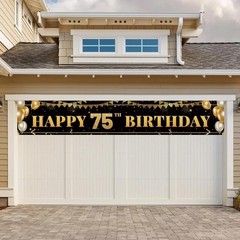 Versatile 75th Birthday Banner in Black & Gold – Easy to Hang 9.8 x 1.6 ft