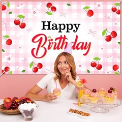 Cherry Birthday Banner Cherry Bow Birthday Decorations for Gilrs 6×3.6 ft