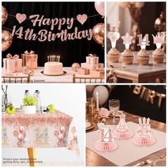 Yingoto 193pcs 14th Birthday Decorations for Girls Complete Tableware Set, 14