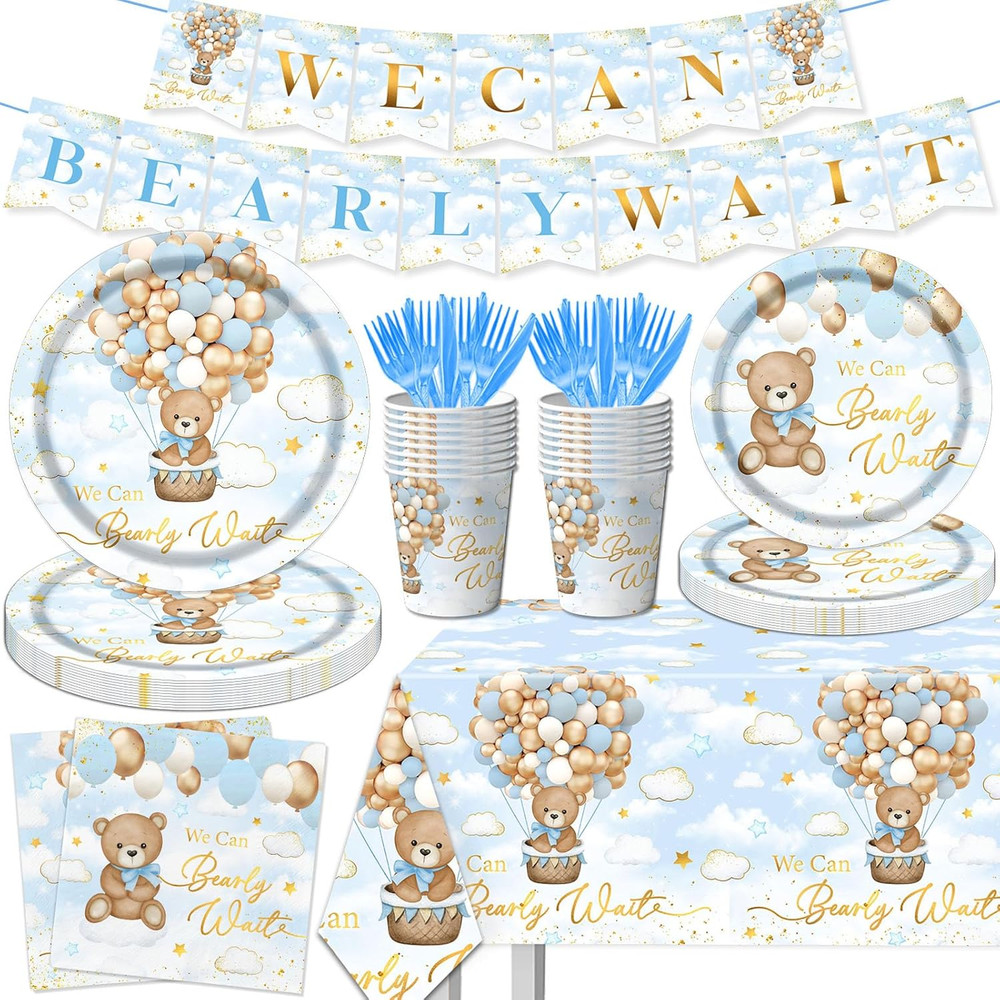 Blue Bear Baby Shower Decorations, 142Pcs Bearly Wait Baby Shower Decorations Ta