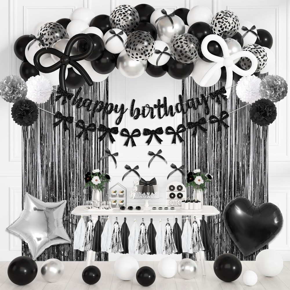 Black Bow Birthday Party Decorations, Coquette Bow Black and White Silver Con…