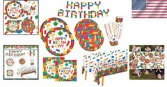 Building Block Party Supplies Kids Birthday Plates Cups Napkins Banner Set