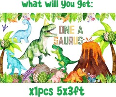 One A Saurus Watercolor Dinosaur 1st Birthday Party Backdrop Banner