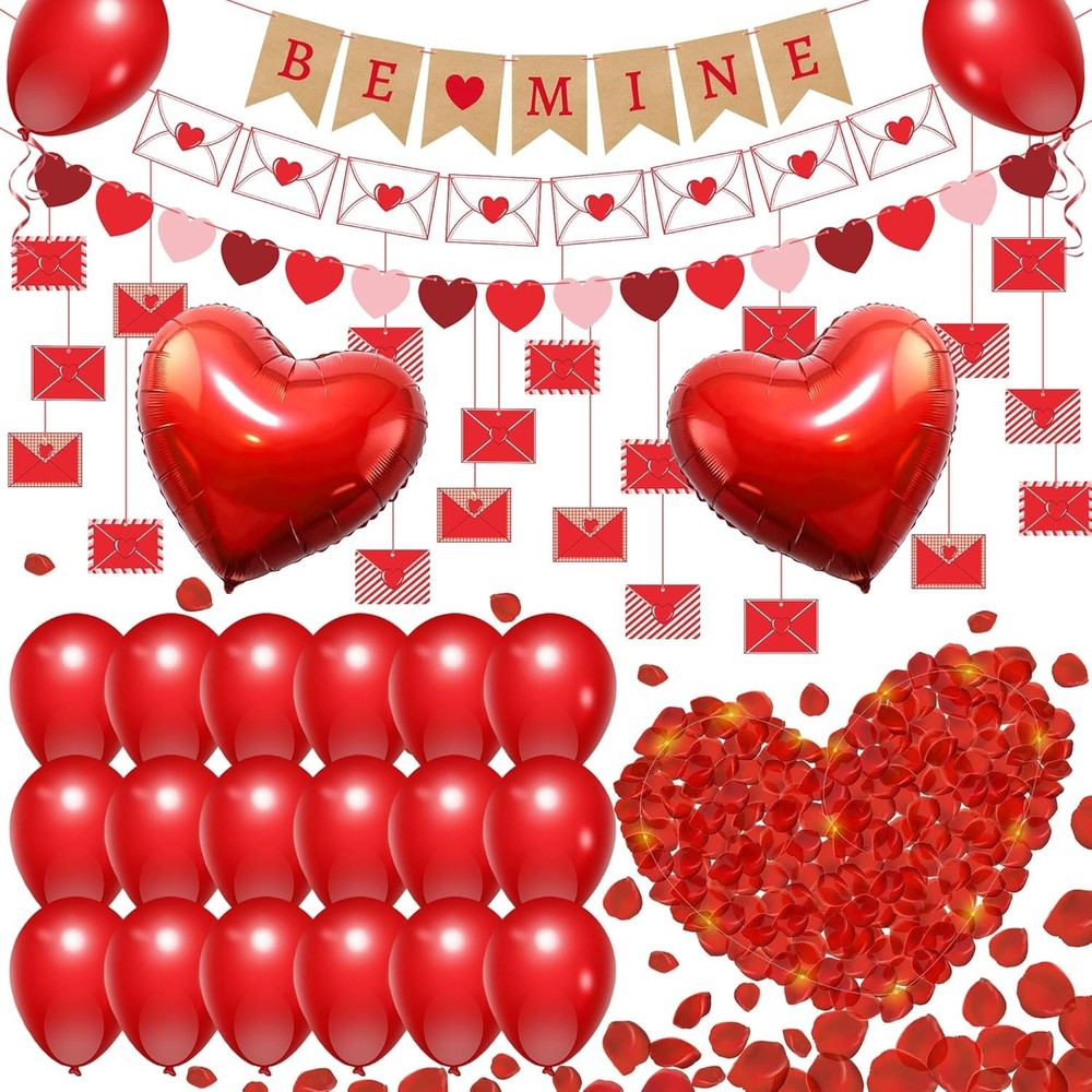 60pcs Happy ValentineDay Banner Balloons and Heart Balloons Kit with Dark-Red