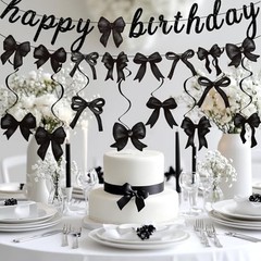 Black Bow Happy Birthday Banner Garland and Hanging Swirls for Girl Black Bow