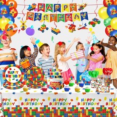 173 PCS Building Block Party Supplies – Plates, Napkins, Cups, Cutlery & Balloon