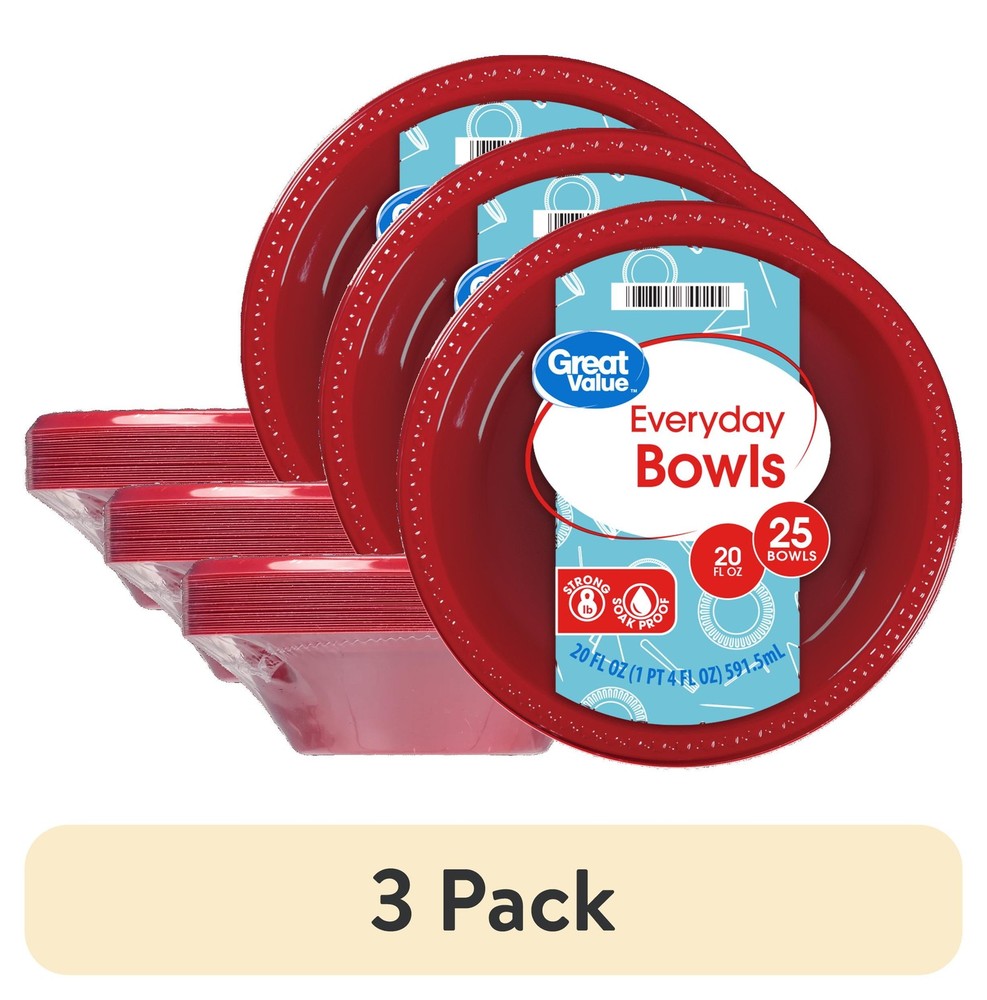 (3 pack) Great Value Everyday Disposable Plastic Bowls, Red, 20 oz, 25 Count