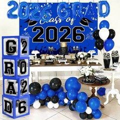 2026 Graduation Party Decorations Blue Black Balloon Boxes Arch Kit Backdrop