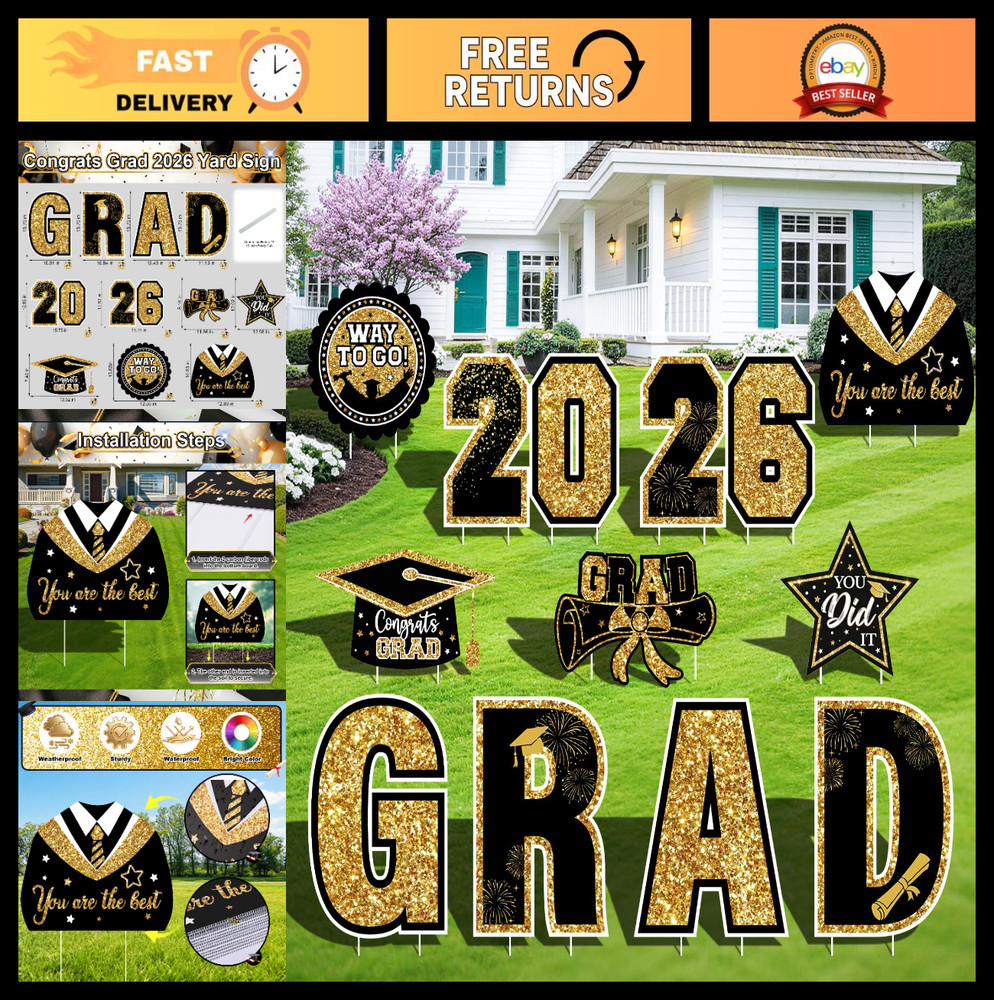 2026 Graduation Yard Signs – 11PCS Black Gold Lawn Decorations for Senior Party