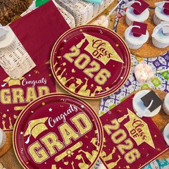 Maroon Gold Graduation Decorations 2026,200Pcs Maroon Graduation Plates and Napk
