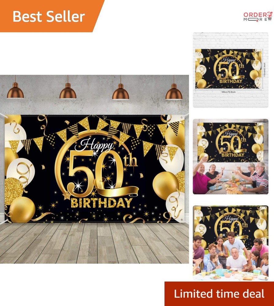 Extra Large Black Gold 50th Birthday Party Decoration Banner – 72.8 x 43.3 Inch