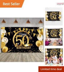 Extra Large Black Gold 50th Birthday Party Decoration Banner – 72.8 x 43.3 Inch