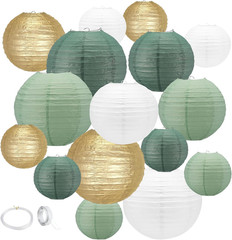 Sage Green Paper Lanterns Decorative,16Pack Gold Green White Party Decorations,H