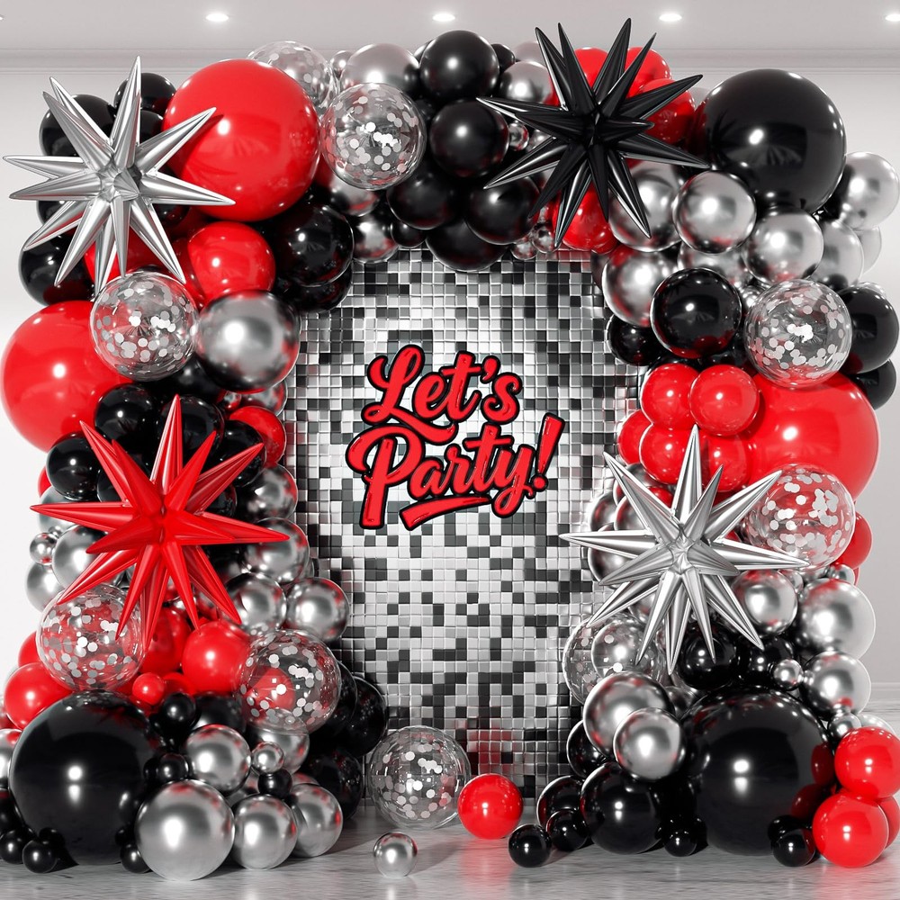 153-Piece Red, Black & Silver Balloon Garland Arch Kit for Celebrations