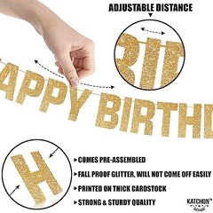 , Light Up Happy Birthday Banner – 10 Feet, 8 Modes Pre-Strung |en Glitter Gold