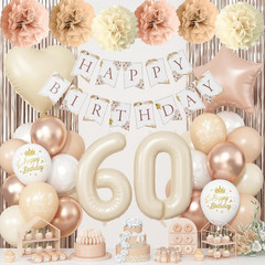 60Th Beige Birthday Decorations for Women, Cream Foil Number Heart Brown Star Ba