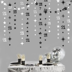 Silver Black 21st Decorations Number 21 Circle Dot Twinkle Star Garland Metal…