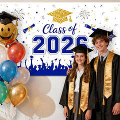 Graduation Decorations 2026 Backdrop Banner – Blue Gold Congrats Grad Photo Prop