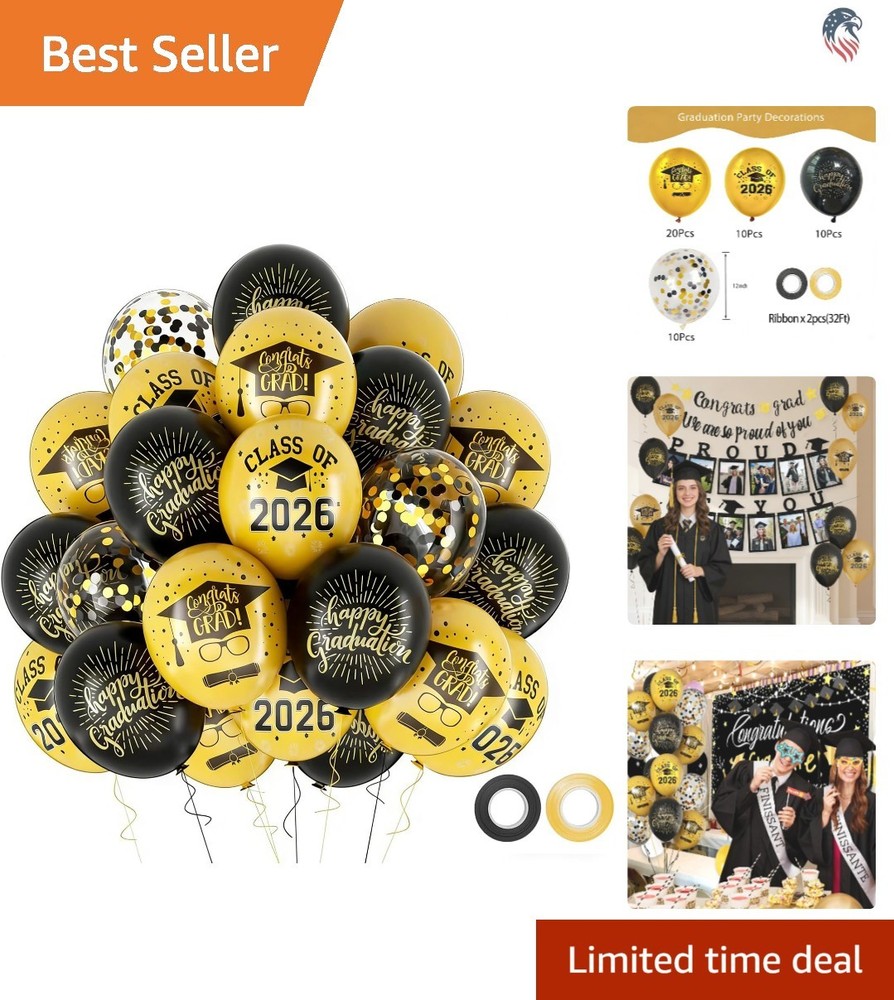 Graduation Balloons Set 50pcs 12 Inch Black Gold Includes Ribbons