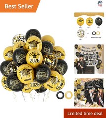 Graduation Balloons Set 50pcs 12 Inch Black Gold Includes Ribbons