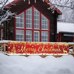 Merry Christmas Banner – Red and Gold Large Outdoor Xmas Tree Elk Banner for Chr