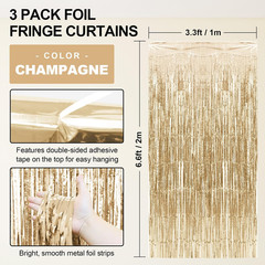 3 Pack Champagne Tinsel Backdrop, 3.3X6.6 FT Metallic Tinsel Foil Fringe Curtain