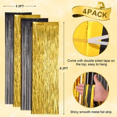 4 PCS Black Gold Foil Fringe Backdrop Curtains Tinsel Streamers Party Decor