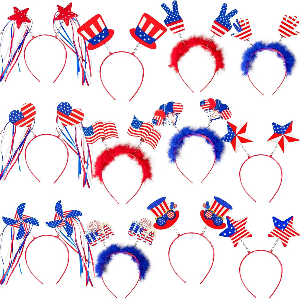 12PCS Patriotic Headbands Red White Blue USA Party Accessories