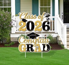 Graduation Yard Signs Class of 2026, 2 PCS Black and Gold 2026 Graduation Decora