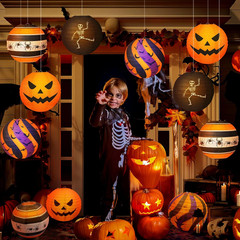 Halloween Paper Lanterns, 12 PCS Halloween Hanging Paper Lanterns, Orange Black