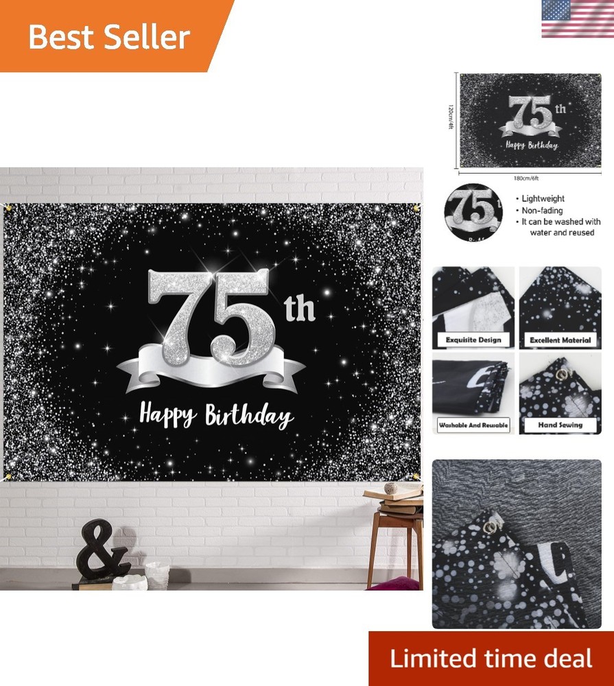 Stunning 6x4ft Happy 75th Birthday Banner with 20ft Ribbon – Perfect Gift