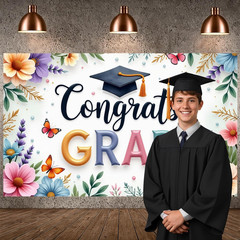 Graduation Backdrop 2026 Floral Congrats Grad Banner for Party Decorations Class