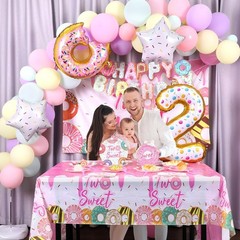143Pcs Sweet Birthday Party Decorations Girls Donut tableware Set Sweet Donut…