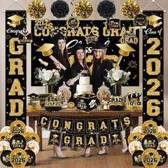 2026 Graduation Decorations – Black Gold Congrats Grad Party Supplies