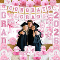 Pink Bow Graduation Decorations 2026 Set, All-In-1 Coquette Kit with Congrats Gr