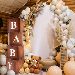 Wood Baby Shower Boxes Party Decorations – 4 Wood Grain Brown Blocks with Printe
