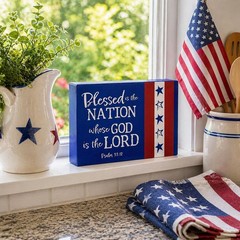 Blessed Is The Nation Whose God Is the Lord Wooden Tabletop Block 7″L x 5″H #258